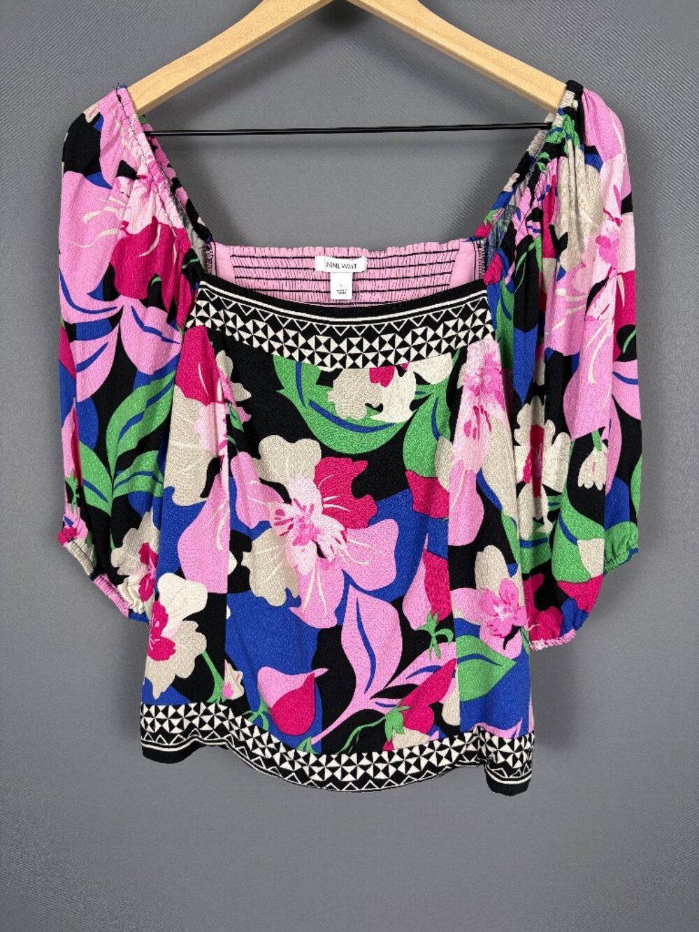Nine West Floral Square Neck Puff Sleeve Smocked Top Size Large